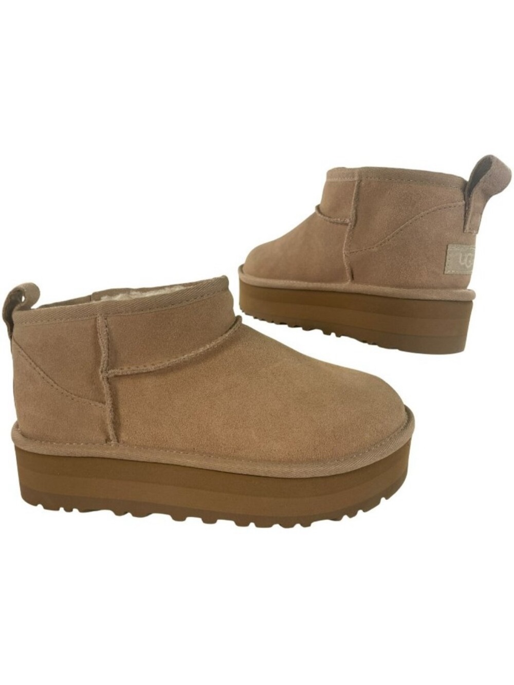 UGG Classic Ultra Mini Platform Boots Tan Suede Sheepskin Lined Girls Size 4 NEW
